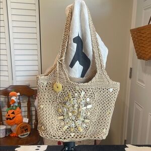 The Sak Tan Crochet Tote with Embellishments